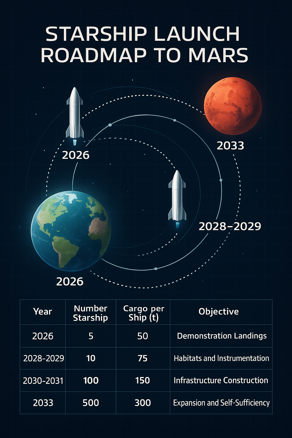 I motori Raptor: cuore pulsante - Smartertech.it roadmap di lancio Starship verso Marte, con traiettorie orbitali e date indicate, stile presentazione aziendale